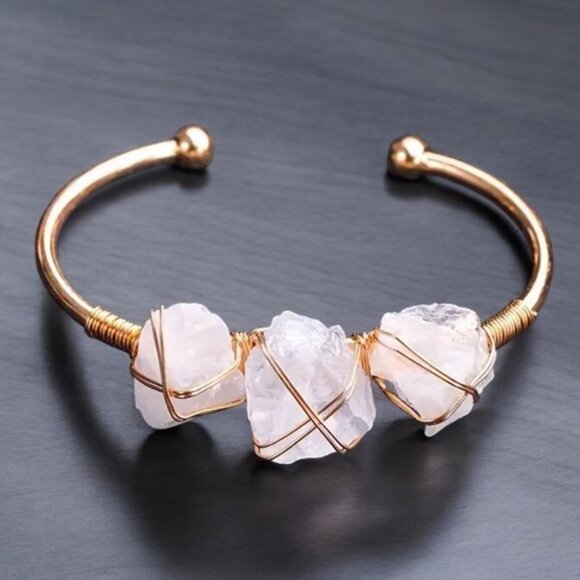 Raw Light Pink Semi Precious Stone Wire Bangle Bracelet - Picture 1 of 4